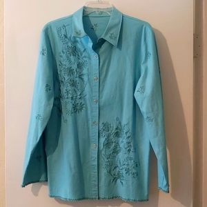 Women's long sleeve pale turqoise blue cotton blouse with machine embroidery